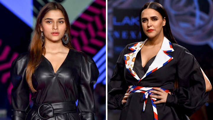 Neha Dhupia and Saiee Manjrekar on ramp in LFW SR 2020 for INIFD Launchpad