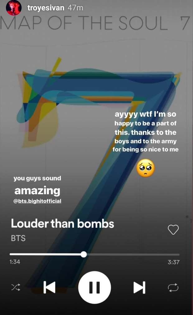 Troye Sivan is delighted to be a part of BTS' album Map Of The Soul: 7 with 'Louder Than Bombs' track