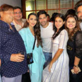 Varun Dhawan and Sara Ali Khan strike a pose with original Coolie No 1 girl Karisma Kapoor at wrap up party