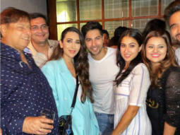 Varun Dhawan and Sara Ali Khan strike a pose with original Coolie No 1 girl Karisma Kapoor at wrap up party