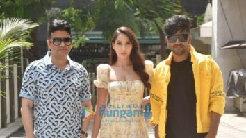 Photos: Bhushan Kumar, Nora Fatehi and Guru Randhawa get clicked during the promotions of their upcoming T-Series song Naach Meri Rani