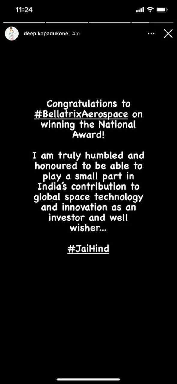 Deepika Padukone congratulates Bellatrix Aerospace, the startup she has invested in, for National Award win