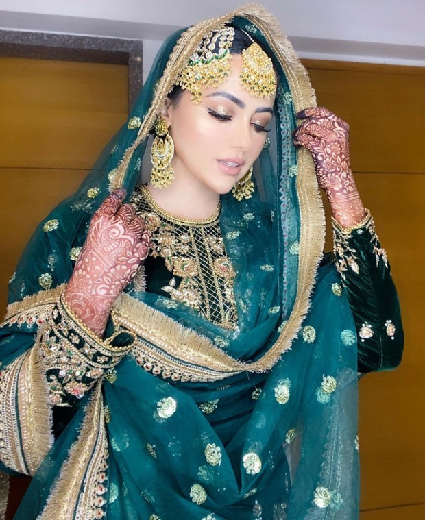Sana Khan’s teal green and golden gharara is a must-add in your trousseau