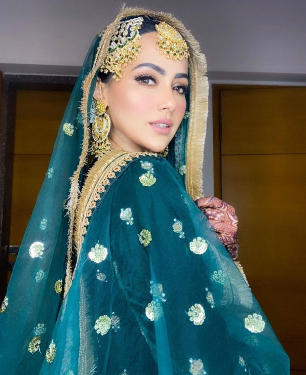 Sana Khan’s teal green and golden gharara is a must-add in your trousseau