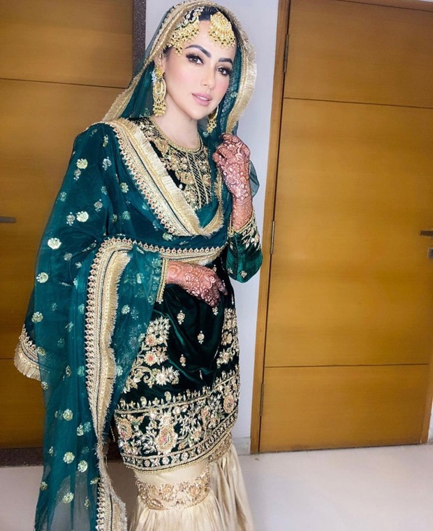 Sana Khan’s teal green and golden gharara is a must-add in your trousseau