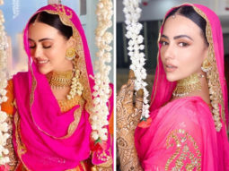Sana Khan ditches the traditional yellow-green combination, opts for a stunning pink-orange contrast for her Mehendi function