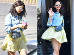 Rakul Preet Singh pairs yellow mini dress with denim jacket, Yves Saint Laurent bag worth Rs. 80,956 and Nike sneakers