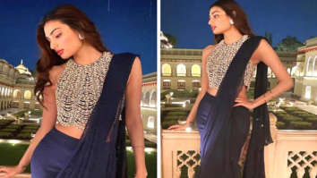 Athiya Shetty pairs pearl embellished blouse with navy draped chiffon saree worth Rs. 78,800