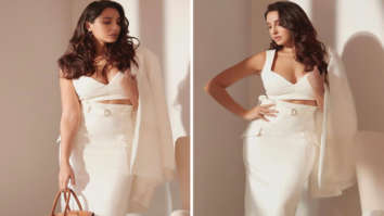 Nora Fatehi is every bit of stylish in white chic tube top with pencil skirt and jacket