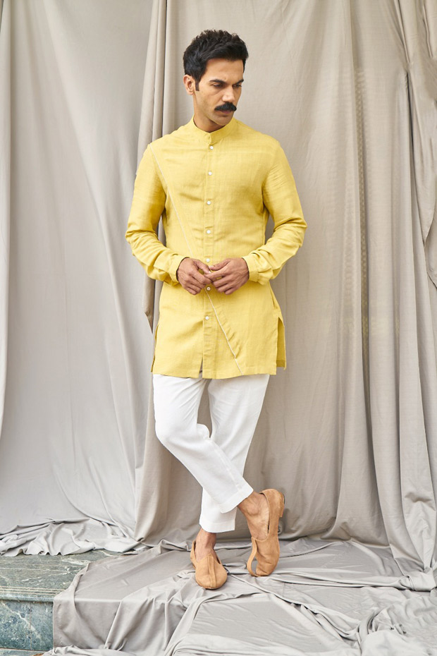 Rajkummar Rao's yellow panel shirt and white pants worth Rs. 9900 are perfect for haldi ceremony