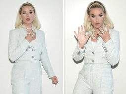 Katy Perry dons ice blue pantsuit with her retro style hairdo for American Idol