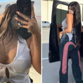 Kylie Jenner pairs plunging neckline crop top with printed wide leg pants