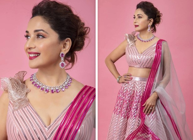 Madhuri Dixit looks pretty in blush pink Amit Aggarwal metallic lehenga worth Rs. 1.65 lakhs Madhuri Dixit looks pretty in blush pink Amit Aggarwal metallic lehenga worth Rs. 1.65 lakhs