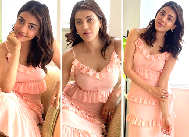 Kajal Aggarwal rocks soft glam look in Michael Kors coral peach ruffled midi dress