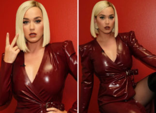Katy Perry brings red hot drama to American Idol in latex thigh-high slit dress and knee length boots