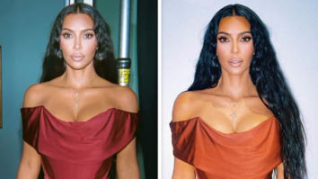Kim Kardashian serves looks in sexy pictures in an off-shoulder satin bodycon gown by Vivienne Westwood