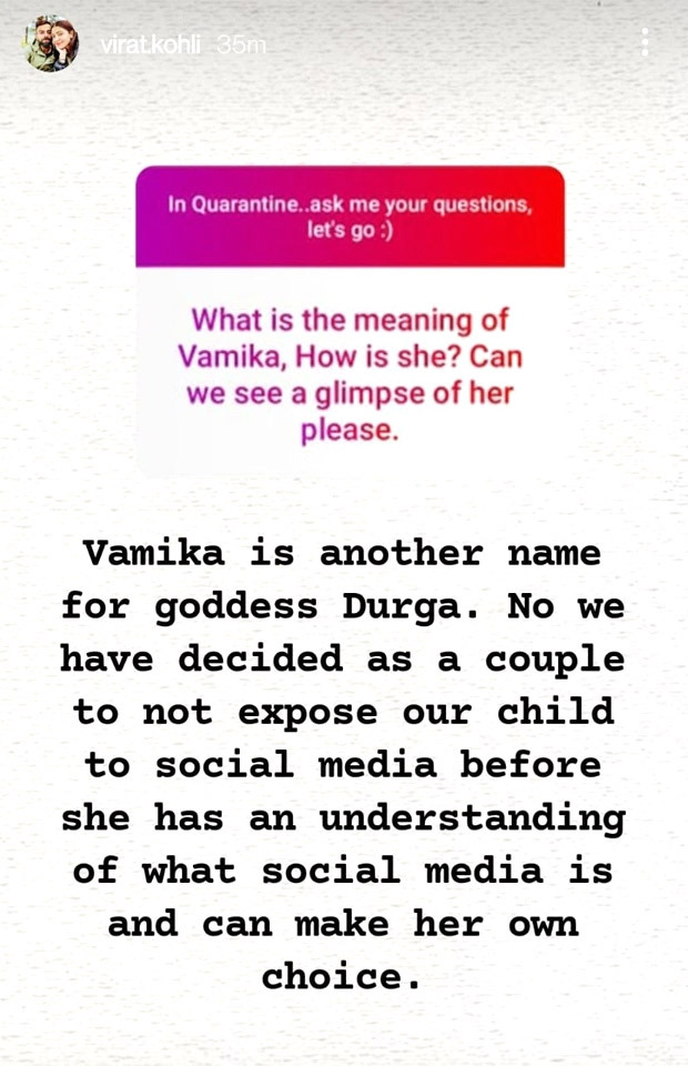 Virat Kohli reveals why he and Anushka Sharma have not exposed their daughter Vamika to social media Virat Kohli reveals why he and Anushka Sharma have not exposed their daughter Vamika to social media