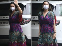 Karisma Kapoor steps out in abstract print kaftan dress with thigh-high slit worth 15,000 with Hermés Oran sandals worth Rs. 46,620