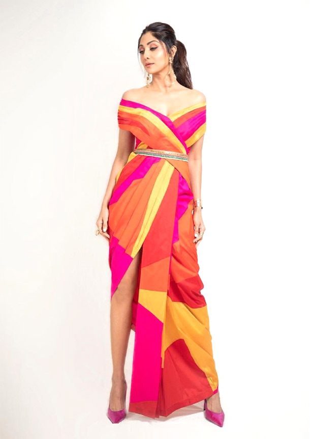 Shilpa Shetty gives notes on how to colour block this summer in thigh-high slit pant saree worth Rs. 28,500
