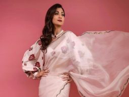Shilpa Shetty rocks a white organza saree with aplomb; pairs with prose pattern balloon sleeve blouse