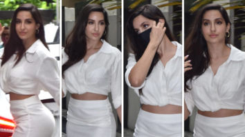 Nora Fatehi mesmerizes in all-white look; dons crop top, high waist skirt, pumps and sling bag