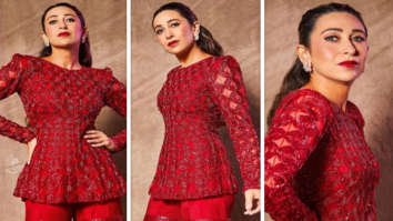 Karisma Kapoor looks fiery in red embroidered sharara and peplum style kurta set for Indian Idol appearance