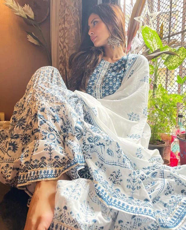 Mouni Roy looks elegant as ever in block printed blue and white sharara worth Rs. 7,850