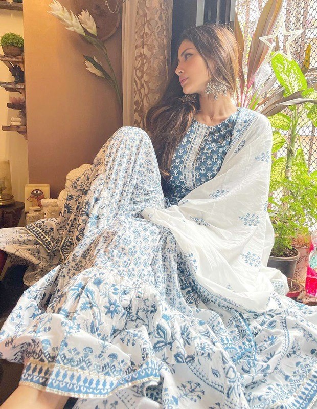 Mouni Roy looks elegant as ever in block printed blue and white sharara worth Rs. 7,850