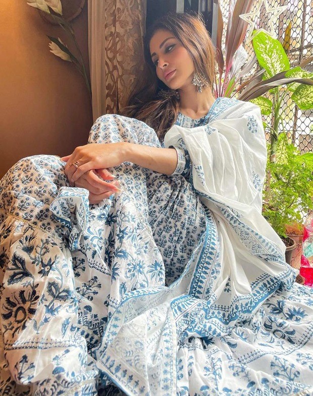 Mouni Roy looks elegant as ever in block printed blue and white sharara worth Rs. 7,850