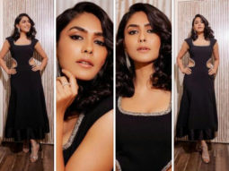 Mrunal Thakur dons a Prabal Gurung black midi dress with waist cut outs for Toofan promotions