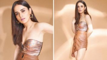 Radhika Madan looks scintillating in metallic strapless top and brown asymmetrical mini skirt