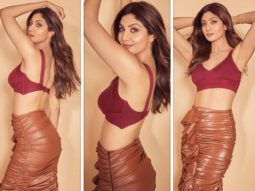Shilpa Shetty pairs maroon crop top with high-waisted ruched brown pencil skirt for Hungama 2 promotions