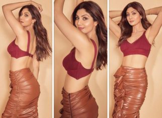 Shilpa Shetty pairs maroon crop top with high-waisted ruched brown pencil skirt for Hungama 2 promotions