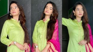 Anushka Sen looks beautiful in pastel green & pink gota patti suit for her Rakhi celebration