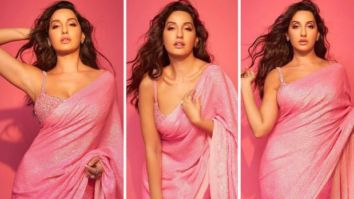 Nora Fatehi in a pink sequin saree paired with bright studded bralette is jaw-dropping
