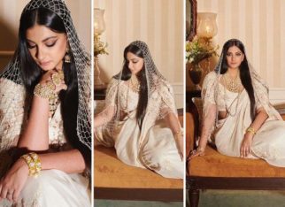 Rhea Kapoor dons a white bridal attire with a pearl veil from Anamika Khanna for her wedding ceremony with Karan Boolani