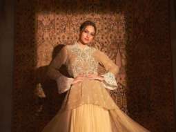 Sonakshi Sinha looks breathtaking in beige thread work ensemble cape and skirt by Ritu Kumar worth Rs.36,900