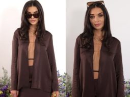 Amy Jackson makes a statement in unbuttoned brown satin shirt from Jacquemus worth Rs. 37,000