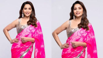 Madhuri Dixit is an absolute beauty in a bright pink tie dye saree with mirror work details