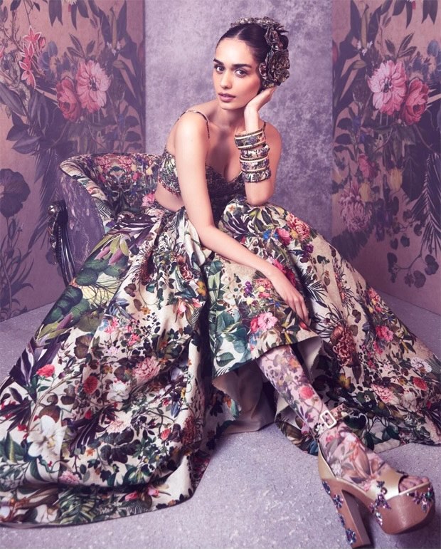 Manushi Chhillar looks enchanting in a floral embroidered bustier and matching gathered long skirt by Rocky Star worth Rs.67,500