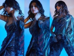 Mouni Roy looks radiant in embellished sequin saree paired with halter neck blouse