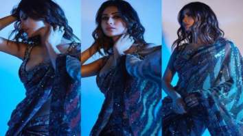 Mouni Roy looks radiant in embellished sequin saree paired with halter neck blouse
