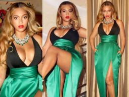 Beyoncé is back to her Queen ways in a satin dress with a slit dress