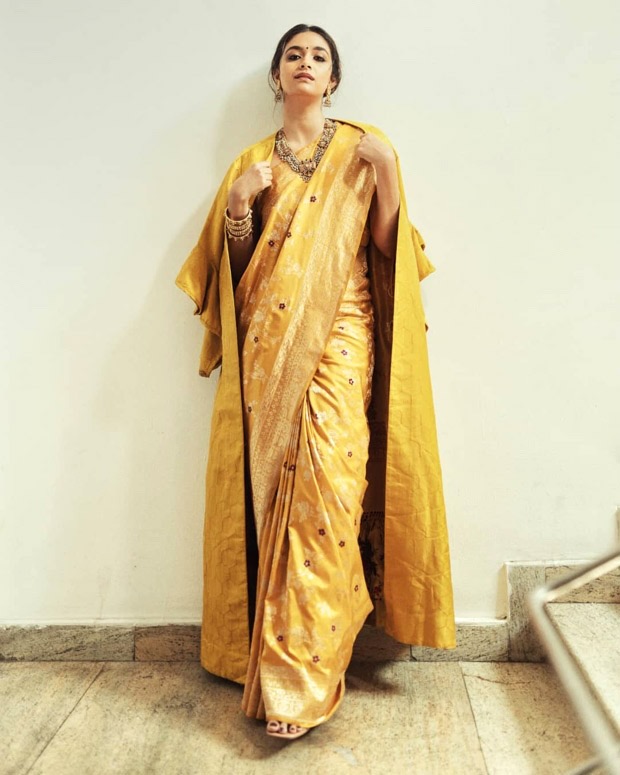 Keerthy Suresh stuns in mustard color resham work saree styled with jacket worth Rs. 38,990