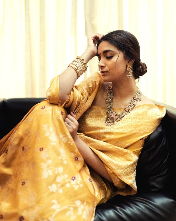 Keerthy Suresh stuns in mustard color resham work saree styled with jacket worth Rs. 38,990