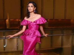 Prithviraj actress Manushi Chhillar looks beautiful in pink Gauri and Nainika custom-made gown