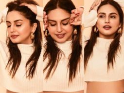 Huma Qureshi pairs beige knitted crop top and high profile waisted skirt and sneakers