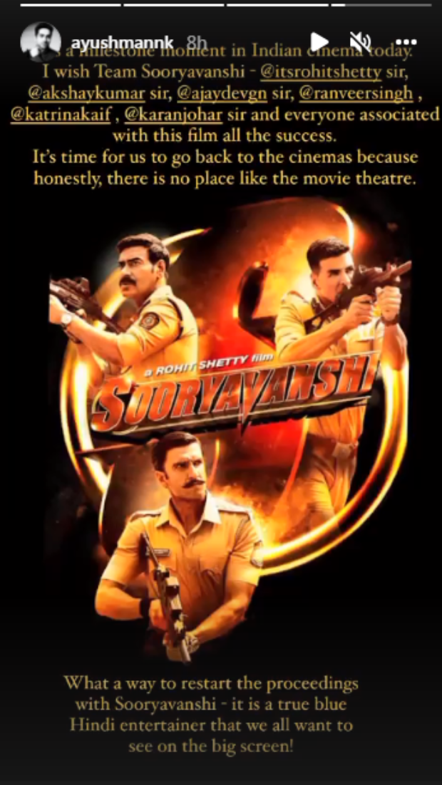 "Milestone moment in Indian cinema today" - Ayushmann Khurrana wishes team Sooryavanshi on theatrical release "Milestone moment in Indian cinema today" - Ayushmann Khurrana wishes team Sooryavanshi on theatrical release