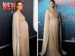 Pregnant Jennifer Lawrence flaunts her baby bump in a sparkly Dior gown during Don’t Look Up premiere