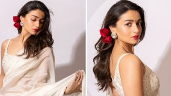 Alia Bhatt is a breathtaking muse channelling retro vibes in white Punit Balana saree worth Rs. 37,000 and red rose for Gangubai Kathiawadi promotions
